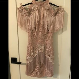 High neck, fringe mini dress